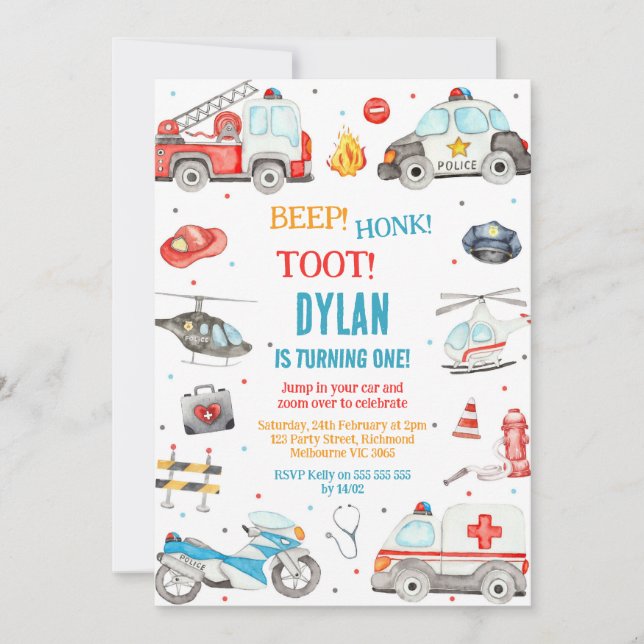 Invitación Transportation City Cars and Truck Boy Birthday (Anverso)