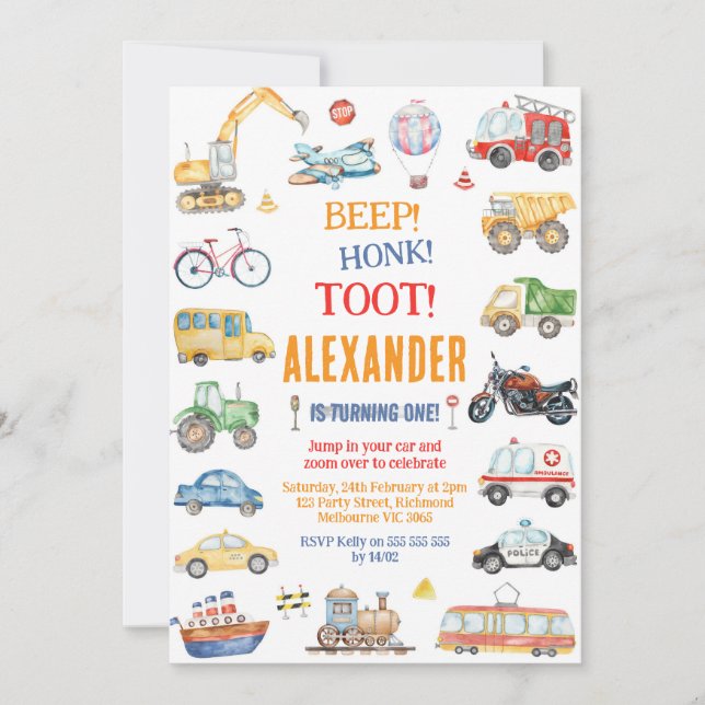 Invitación Transportation City Cars and Truck Boy Birthday (Anverso)