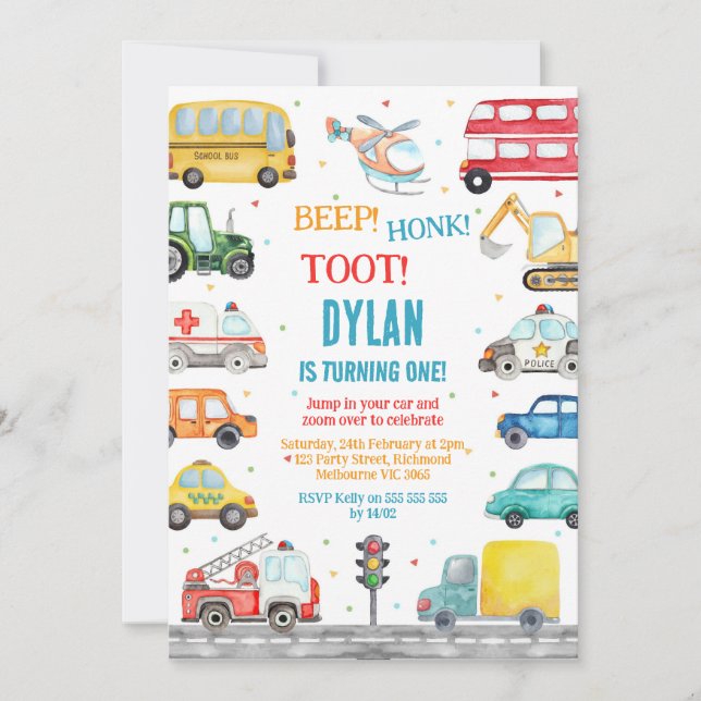 Invitación Transportation City Cars and Truck Boy Birthday (Anverso)