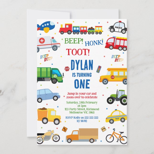 Invitación Transportation City Cars and Truck Boy Birthday (Anverso)