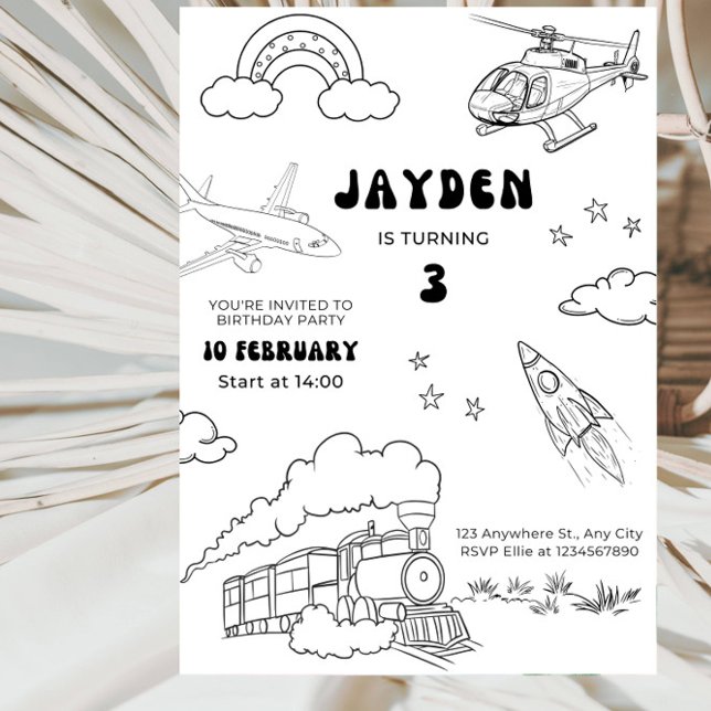 Invitación Transportation Line Art Boy’s 3rd Birthday Party (Subido por el creador)