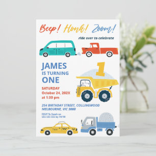Invitación Transporte moderno multicolor 1º cumpleaños