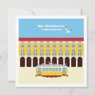 Invitación Tranvía amarillo vintage de Lisboa Fiesta de Cumpl