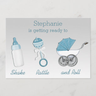 Invitación Traqueteo y rollo Baby Shower azul de plata de la
