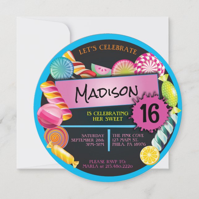 Invitación Trato de golosina dulce 16 Fiesta de Cumpleaños Di (Anverso)