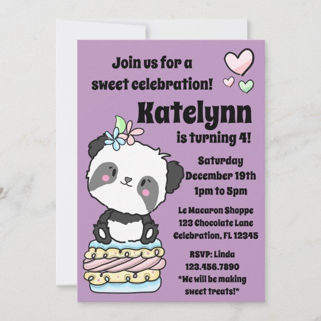Invitación Tratos dulces con Pandora Morada Cumpleaños (Anverso)