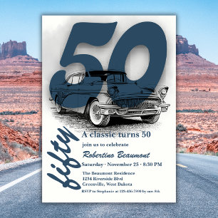 Invitación Travel Blue Classic Car cumple 50 años