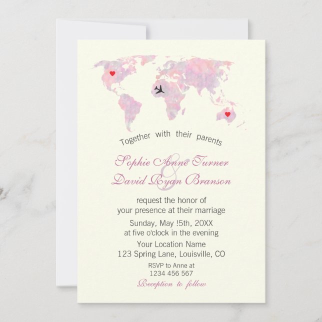 Invitación Travel Wedding Watercolor World Map Ivory (Anverso)