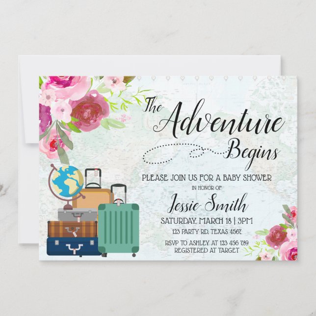 Invitación Travel Worldmap Baby Shower Adventure Comienza RSV (Anverso)