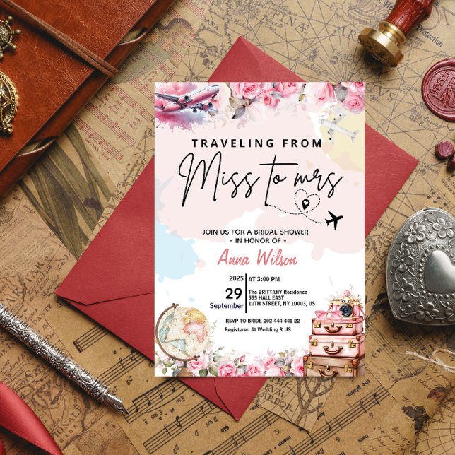 Invitación Traveling From Miss to Mrs Bridal Shower Floral  (traveling from miss to mrs bridal shower invitations love is a journey watercolor world map around )