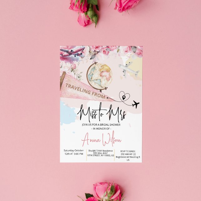 Invitación Traveling From Miss to Mrs Bridal Shower Floral  (traveling from miss to mrs bridal shower invitations vintage adventure destination love is a journey)