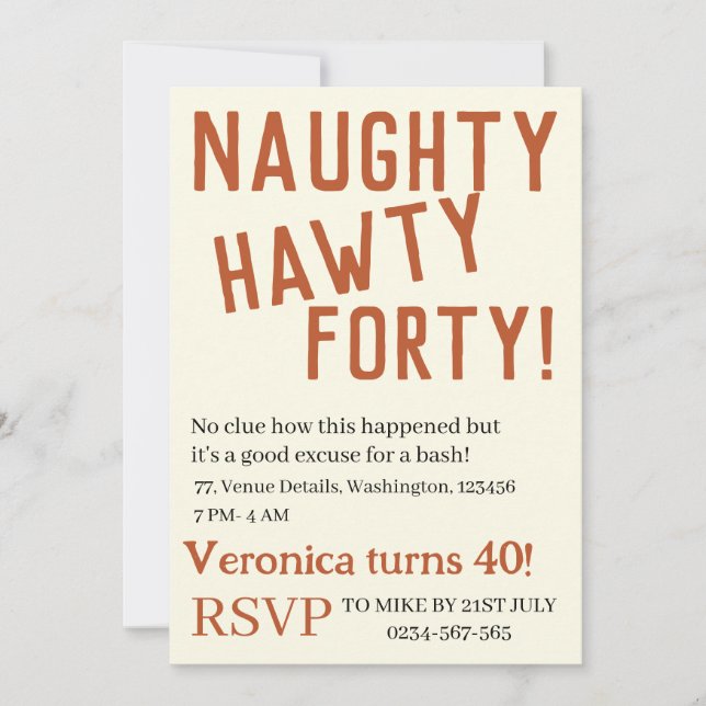 Invitación traviesa personalizada de cuarenta divertidos cump (Anverso)