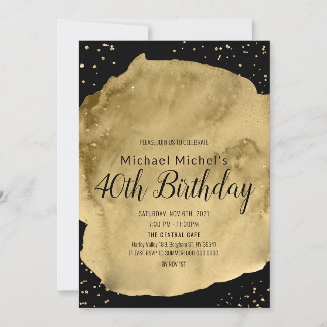 Invitación Trazo de pincel de acuarela dorada sobre negro (Anverso)