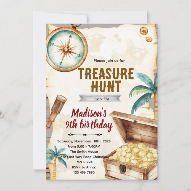 Invitación Treasure hunt birthday party theme invitation (Anverso)
