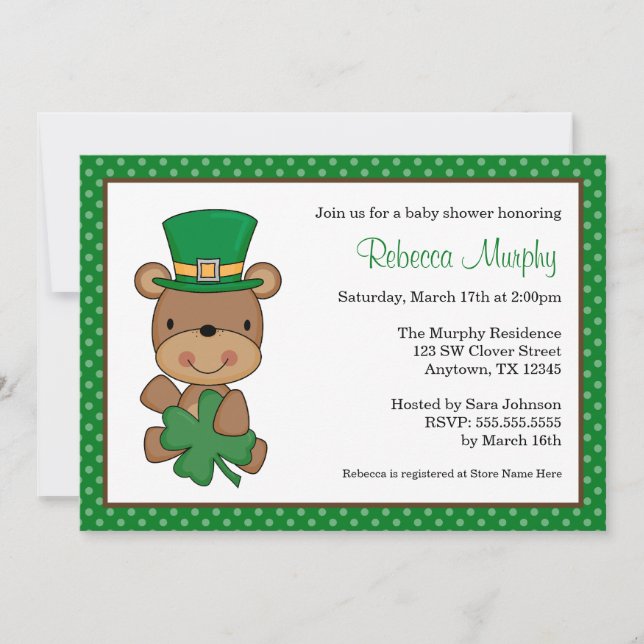 Invitación Trébol Baby Shower del oso del día de St Patrick (Anverso)