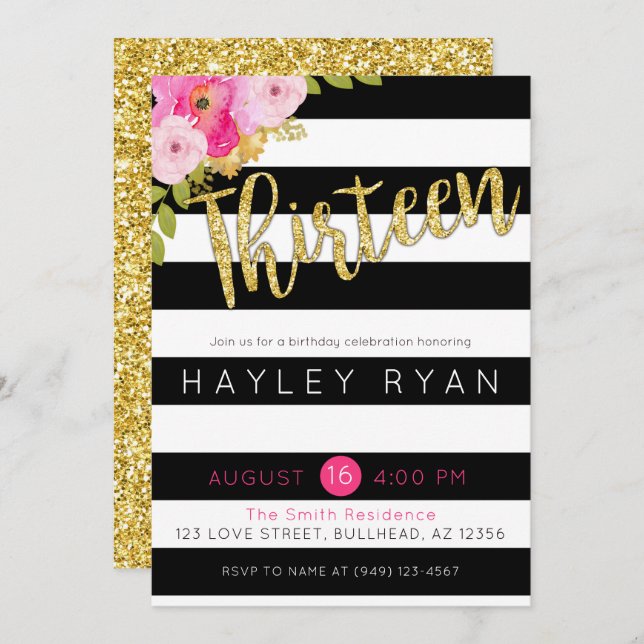 Invitación Trece 13 años de franja blanca negra (Anverso / Reverso)