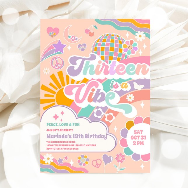 Invitación Trece Es Una Vibra Sol Arcoíris Disco Cumpleaños 1 (Subido por el creador)