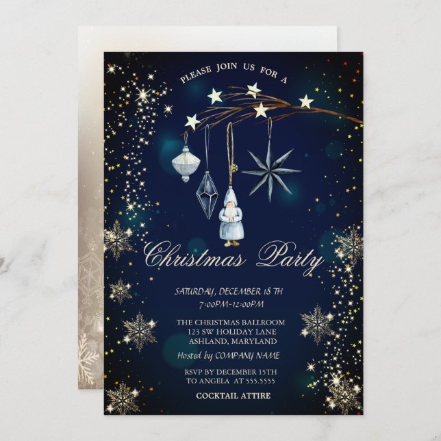 Invitación Tree Branch Decorations Snowflakes Blue (Anverso / Reverso)