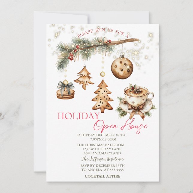 Invitación Tree Branch,Ornaments,Coffee,Stars Open House  (Anverso)