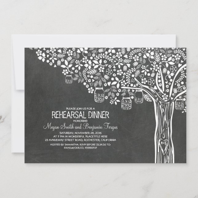 Invitación Tree Mason Jar Luces Chalkboard Ensayo Cena (Anverso)