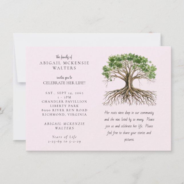 Invitación Tree of Life Deep Roots Pink Celebration of LIfe (Anverso)