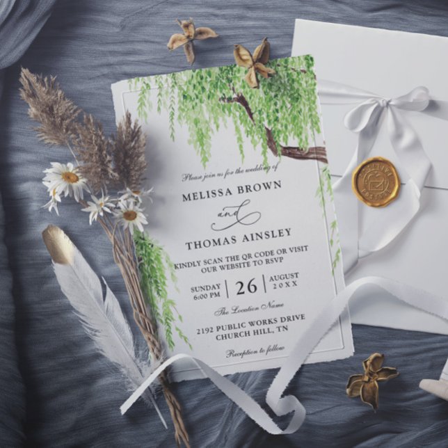 Invitación Tree Weeping Willow Budget QR Code Wedding (Subido por el creador)