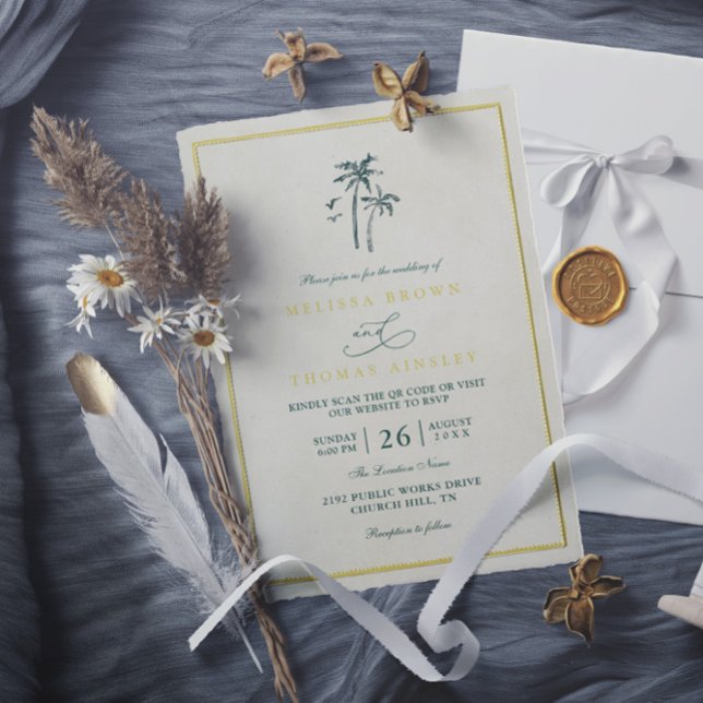 Invitación Trees Palm Coastal Drift Beach QR Code Wedding (Subido por el creador)
