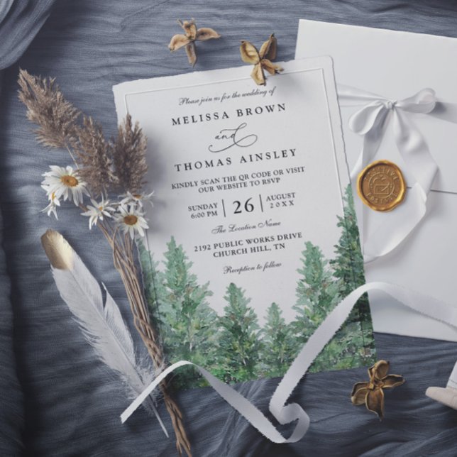 Invitación Trees Pine Forest Rustic Elegant QR Code Wedding (Subido por el creador)