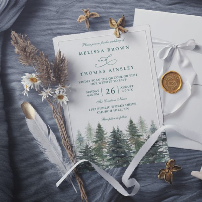 Invitación Trees Pine Rustic Forest Elegant QR Code Wedding (Subido por el creador)