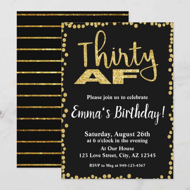 Invitación Treinta AF purpurina negro y oro 30 cumpleaños (Anverso / Reverso)