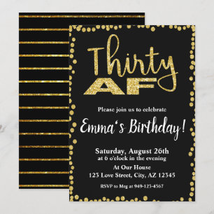 Invitación Treinta AF purpurina negro y oro 30 cumpleaños