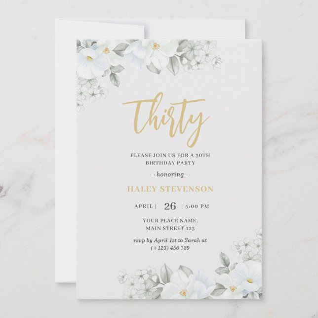 Invitación Treinta años blancos y dorados elegantes de floral (Anverso)