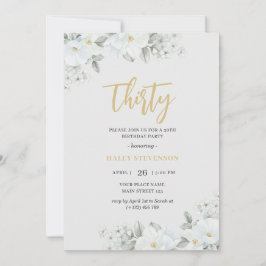 Invitación Treinta años blancos y dorados elegantes de floral