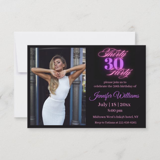 Invitación treinta coqueta, 30 cumpleaños foto de neón rosa n (Anverso)