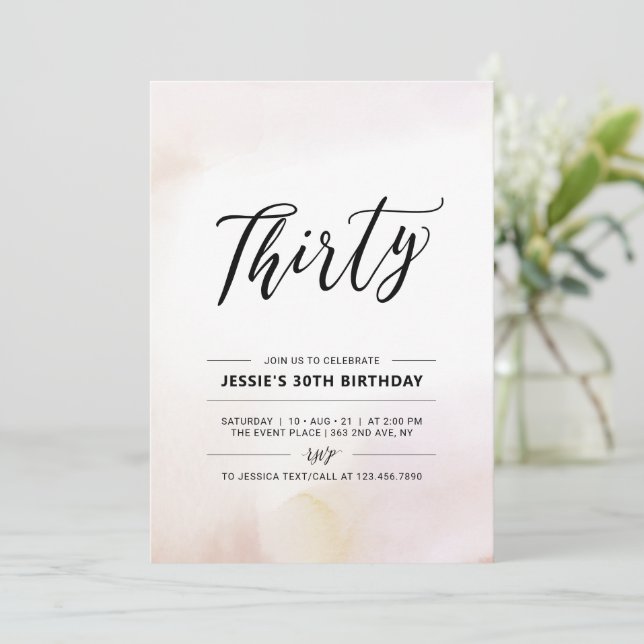 Invitación Treinta | Cumpleaños 30 Mínimo Fiesta Acuarela (Anverso de pie)