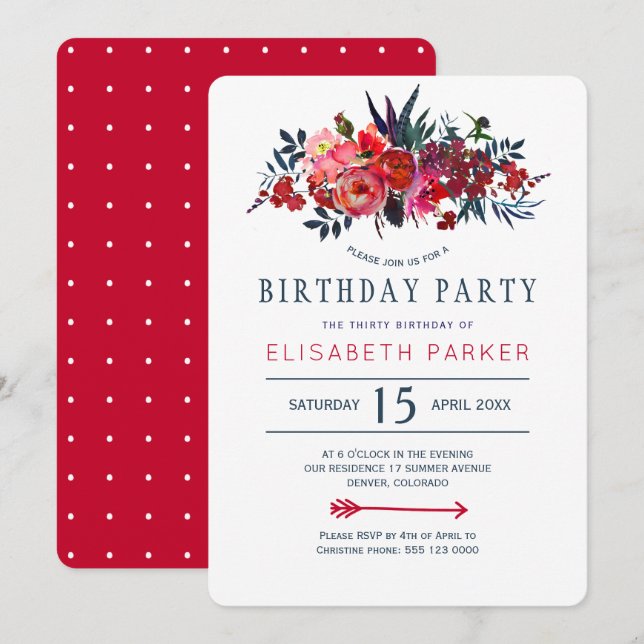 Invitación Treinta cumpleaños bohemio floral rústico marina r (Anverso / Reverso)