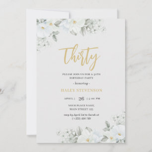 Invitación Treinta Cumpleaños Floral Blanco Elegante Blanco y