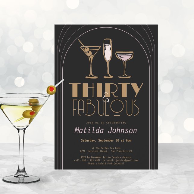 Invitación Treinta Fabulous Cocktail Gold Black 30 cumpleaños (Mockup View)
