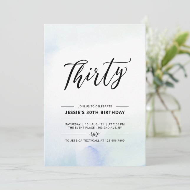 Invitación Treinta | Fiesta de cumpleaños 30 azul Acuarela (Anverso de pie)