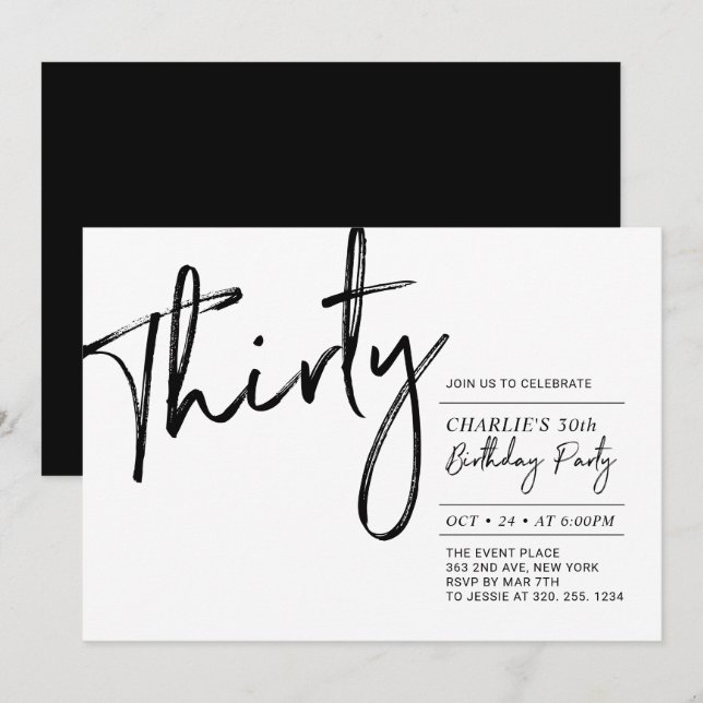 Invitación Treinta | Fiesta de cumpleaños moderna en blanco y (Anverso / Reverso)