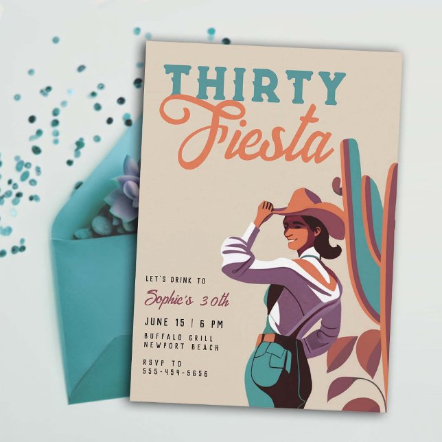 Invitación Treinta Fiesta País Retro 30 Aniversario Occidenta (thirty fiesta 30 birthday party invitation women country western southwestern desert cactus teal )