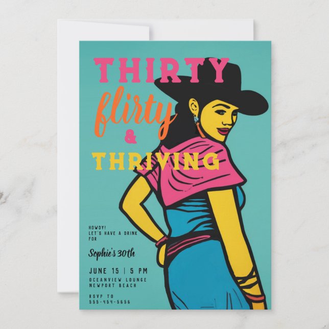 Invitación Treinta Flirty Thriving Western Comic 30 cumpleaño (Anverso)