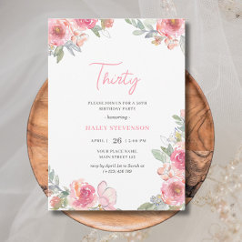 Invitación Treinta Floral Rosa Acuarela Cumpleaños Boho Chic