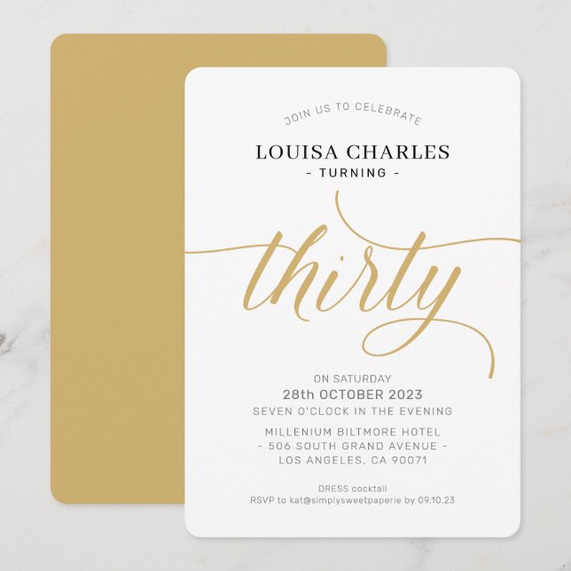 Invitación TREINTA moda de cumpleaños elegante guión oro mode (Anverso / Reverso)