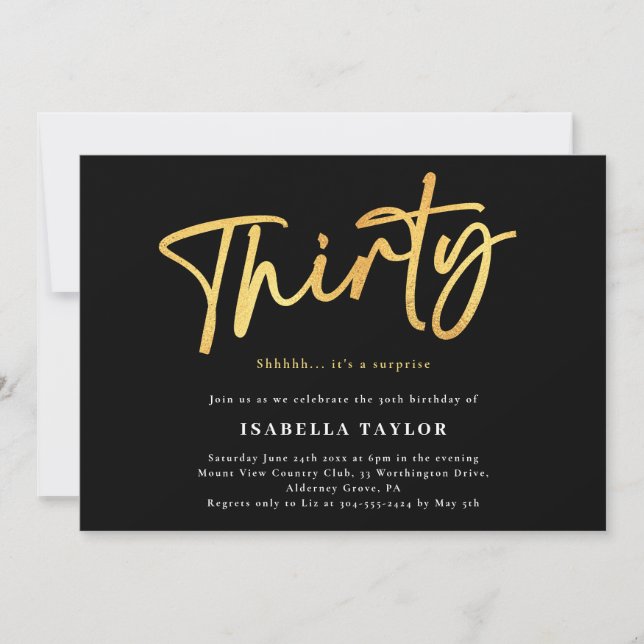 Invitación Treinta Oro Negro 30 cumpleaños (Anverso)