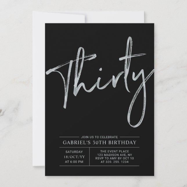Invitación Treinta | Silver y Black Modern 30th Birthday Fies (Anverso)