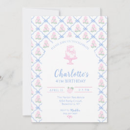 Invitación Trellis de Hortensia Verde Rosa con Lazo Azul