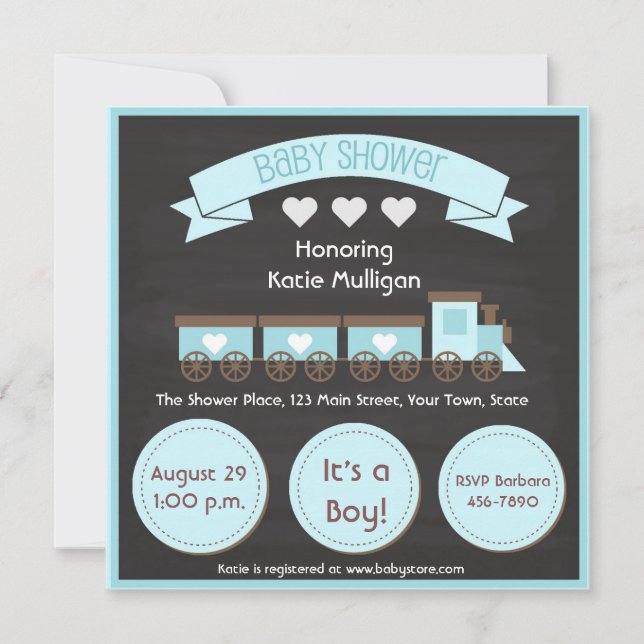 Invitación Tren azul, calcomanías, Boy Baby Shower (Anverso)