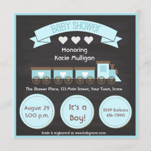 Invitación Tren azul, pizarra, muchacho Baby Shower
