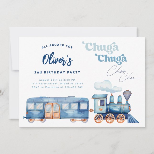 Invitación Tren Blue Chuga Chuga Choo Choo Cumpleaños Moderno (Anverso)